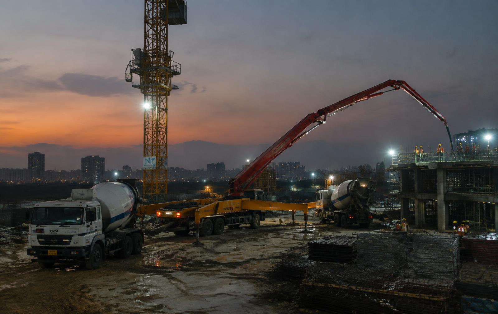 Concrete boom pump and tower crane on site