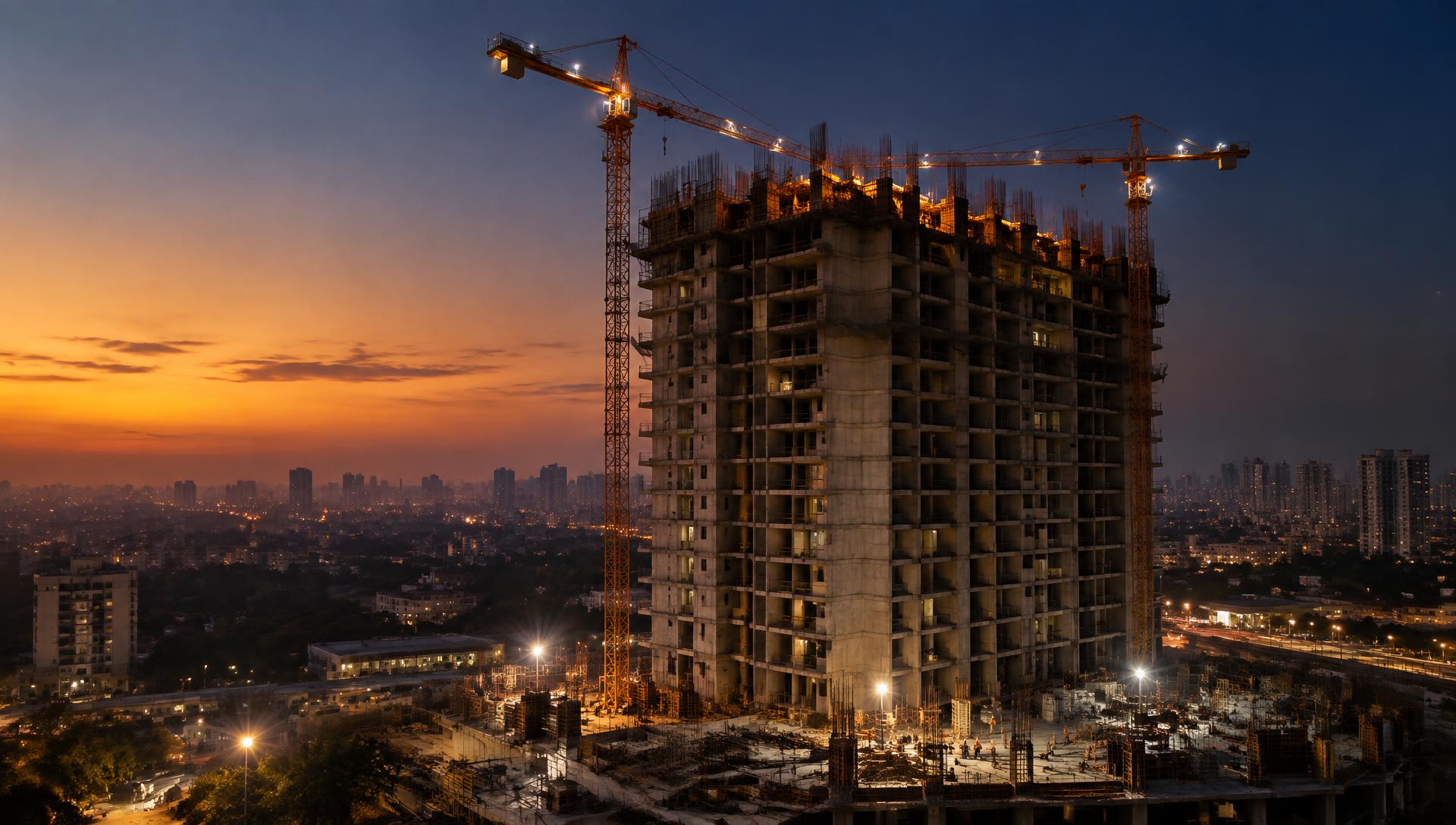 High-rise tower under construction at dusk with tower cranes