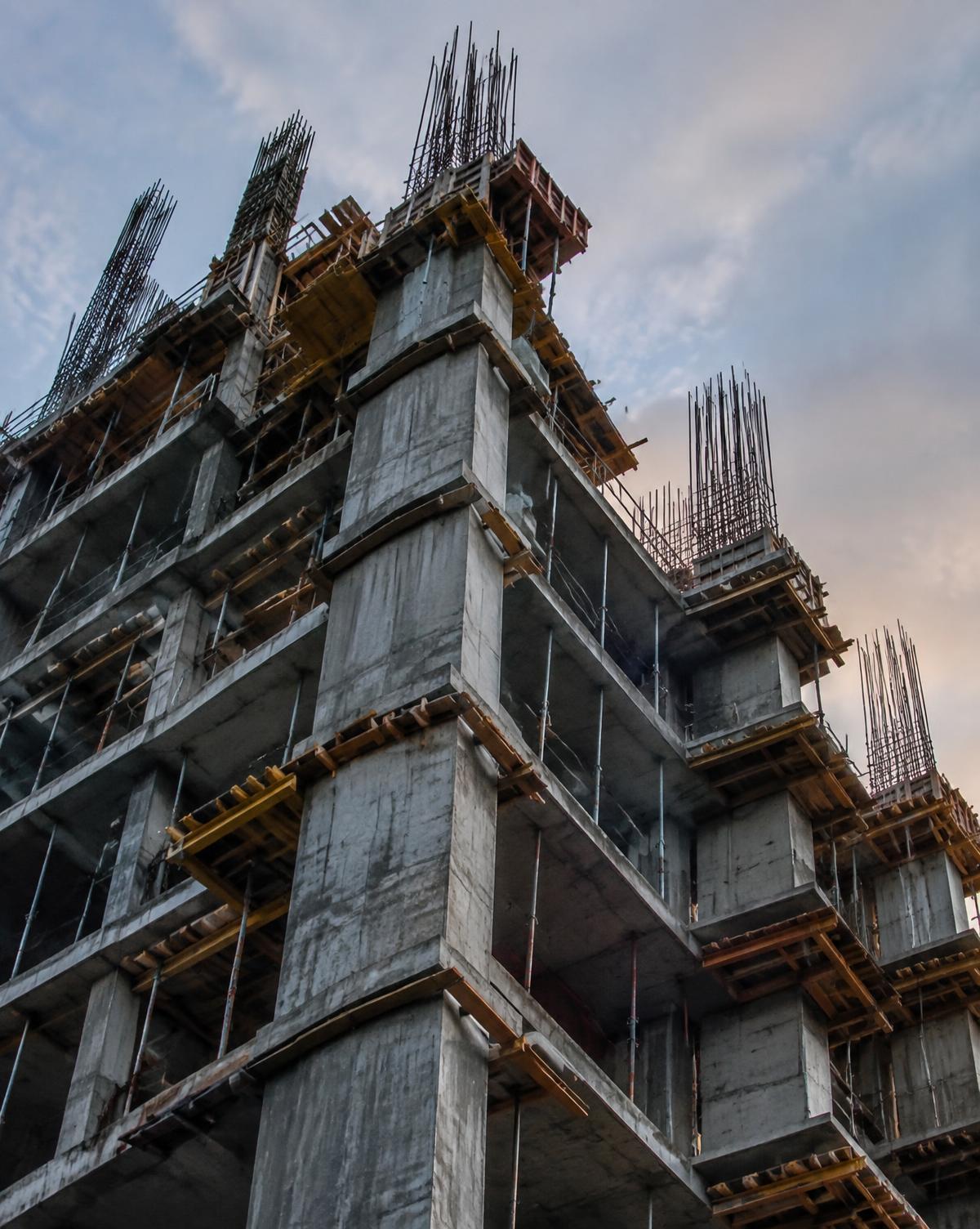 RCC high-rise frame with shuttering and reinforcement